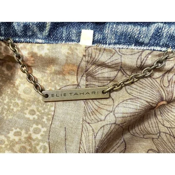 Elie Tahari Womens Beaded Collar Denim Jacket Floral Lining Button Front Size L - Picture 3 of 16